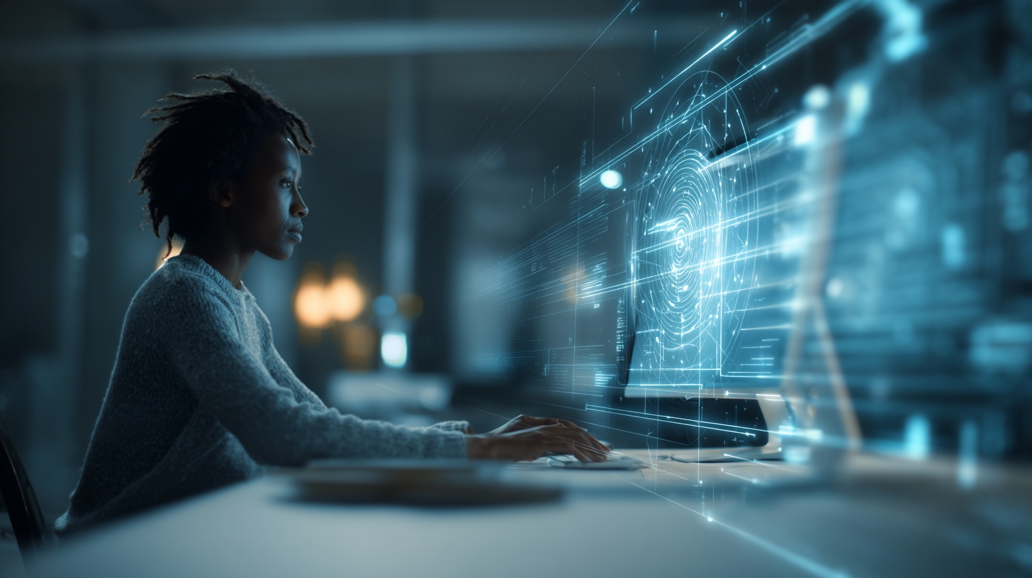 A realistic photo of a focused developer at a tidy desk, with subtle futuristic AI overlays around the monitor. Soft glowing lines, abstract neural shapes, gentle blue lights. Calm, organized atmosphere. Modern minimalistic workspace, shallow depth of field, photorealistic, high clarity. Render this image in a wide 16:9 aspect ratio with no text, no symbols, no cartoon elements --ar 16:9 --v 7 Job ID: 91450d6c-6e5b-4c23-a939-481f0224a5af